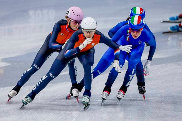 Zoe Florence Deltrap of the Netherlands and Selma Poutsma of the Netherlands and Elisa Confortola of Italy Women s 3000m Relay Semifinals, Milano Cortina 2026 Winter Olympics: Day 8, Short Track Speed skating, Eisschnelllauf - Milano Cortina 2026 Winter Olympics: Day 8, Milano Speed Skating Stadium, February 14, 2026, Milan, Italy.