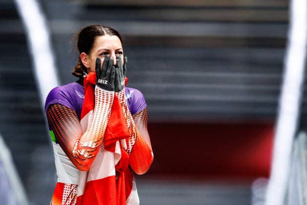 OLYMPICS - Winter Olympic Games, Olympische Spiele, Olympia, OS Milano Cortina 2026 CORTINA D AMPEZZO,ITALY,14.FEB.26 - OLYMPICS, SKELETON - Winter Olympic Games Milano Cortina 2026, women. Image shows the rejoicing of Janine Flock (AUT).  GEPAxpictures xMaticxKlansek