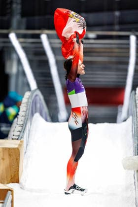 OLYMPICS - Winter Olympic Games, Olympische Spiele, Olympia, OS Milano Cortina 2026 CORTINA D AMPEZZO,ITALY,14.FEB.26 - OLYMPICS, SKELETON - Winter Olympic Games Milano Cortina 2026, women. Image shows the rejoicing of Janine Flock (AUT).  GEPAxpictures xMaticxKlansek