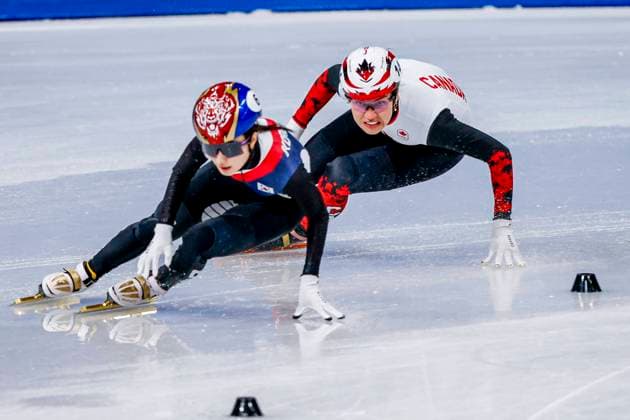 Minjeong Choi of Republic of Korea and Courtney Sarault of Canada Women s 3000m Relay Semifinals, Milano Cortina 2026 Winter Olympics: Day 8, Short Track Speed skating, Eisschnelllauf - Milano Cortina 2026 Winter Olympics: Day 8, Milano Speed Skating Stadium, February 14, 2026, Milan, Italy.