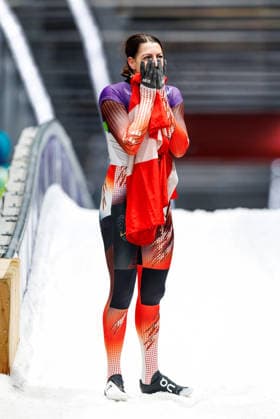 OLYMPICS - Winter Olympic Games, Olympische Spiele, Olympia, OS Milano Cortina 2026 CORTINA D AMPEZZO,ITALY,14.FEB.26 - OLYMPICS, SKELETON - Winter Olympic Games Milano Cortina 2026, women. Image shows the rejoicing of Janine Flock (AUT).  GEPAxpictures xMaticxKlansek