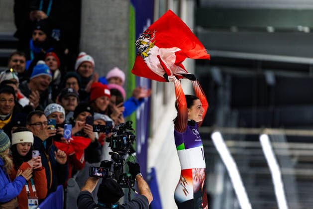 OLYMPICS - Winter Olympic Games, Olympische Spiele, Olympia, OS Milano Cortina 2026 CORTINA D AMPEZZO,ITALY,14.FEB.26 - OLYMPICS, SKELETON - Winter Olympic Games Milano Cortina 2026, women. Image shows the rejoicing of Janine Flock (AUT).  GEPAxpictures xMaticxKlansek