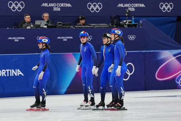 Short track women™s 3000 mt relay Betti Chiara , Confortola Elisa , Arianna Fontana , SIGHEL Arianna, IORIATTI Gloria from Italy, at the 2026 Winter Olympics, Milan, Italy, Thursday, Feb. 14, 2026. (Gian Mattia D Alberto LaPresse)  Copyright: xGianxMattiaxD Alberto LaPressex