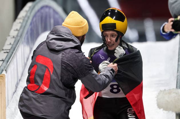 Susanne Kreher (GER) 2nd place, Silver Medal during the Olympic Winter games, Winterspiele,Spiele, Summer games Milano-Cortina 2026, Skeleton Women on February 14, 2026 at Cortina Sliding Center in Cortina d Ampezzo, Italy  Copyright: xLucianoxMariaxBisi IPAxSportx xipa-agency.netx xx IPA_71518400 IPA_Agency_IPA71518400