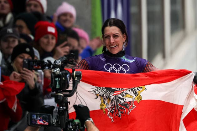 Janine Flock (AUT) 1st place, Gold Medal during the Olympic Winter games, Winterspiele,Spiele, Summer games Milano-Cortina 2026, Skeleton Women on February 14, 2026 at Cortina Sliding Center in Cortina d Ampezzo, Italy  Copyright: xLucianoxMariaxBisi IPAxSportx xipa-agency.netx xx IPA_71518503 IPA_Agency_IPA71518503