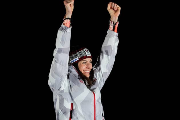 Janine Flock (AUT) 1st place, Gold Medal happiness on podium during the Olympic Winter games, Winterspiele,Spiele, Summer games Milano-Cortina 2026, Skeleton Women on February 14, 2026 at Cortina Sliding Center in Cortina d Ampezzo, Italy  Copyright: xLucianoxMariaxBisi IPAxSportx xipa-agency.netx xx IPA_71518507 IPA_Agency_IPA71518507