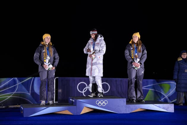 The podium with Susanne Kreher (GER) 2nd place, Silver Medal, Janine Flock (AUT) 1st place, Gold Medal and Jacqueline Pfeifer (GER) 3rd place, Bronze Medal during the Olympic Winter games, Winterspiele,Spiele, Summer games Milano-Cortina 2026, Skeleton Women on February 14, 2026 at Cortina Sliding Center in Cortina d Ampezzo, Italy  Copyright: xLucianoxMariaxBisi IPAxSportx xipa-agency.netx xx IPA_71518510 IPA_Agency_IPA71518510