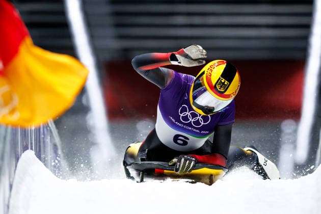 OLYMPICS - Winter Olympic Games, Olympische Spiele, Olympia, OS Milano Cortina 2026 CORTINA D AMPEZZO,ITALY,14.FEB.26 - OLYMPICS, SKELETON - Winter Olympic Games Milano Cortina 2026, women. Image shows the rejoicing of Jacqueline Pfeifer (GER).  GEPAxpictures xMaticxKlansek