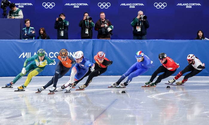 ITALY, MILAN - FEBRUARY 14, 2026: Corey Brendan of Australia, Jens van t Wout of the Netherlands, Brandon Kim of the US, Sun Long of China, Thomas Nadalini of Italy, Nicolas Andermann of Austria and Steven Dubois (L-R) of Canada compete in the men s 1,500m short-track Speed skating, Eisschnelllauf semifinals during the 2026 Winter Olympic Games, Olympische Spiele, Olympia, OS at the Milano Ice Skating Arena 2026 Winter Olympics: Short-Track Speed Skating  - ZUMAt113 20260214_zaa_t113_411 Copyright: xPeterxKovalevx