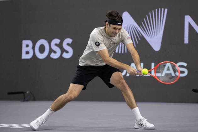 February 14, 2026, Frisco, Texas, USA: TAYLOR FRITZ (USA) uses a forehand during a menÃ¢â‚¬â ¢s singles semifinal match at the 2026 Nexo Dallas Open at The Ford Center at The Star in Frisco, Texas. Taylor Fritz advances to the championship match after defeating Marin Cilic, 7:6, 7:6. Frisco USA - ZUMAh193 20260214_zsp_h193_027 Copyright: xDanielxMcGregor-Huyerx