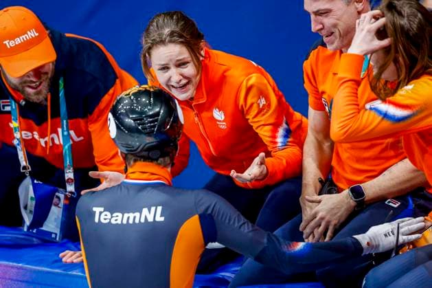 Michelle Velzeboer of the Netherlands and winner Jens van t Wout of the Netherlands celebrates after Men s 1500m Finals, Milano Cortina 2026 Winter Olympics: Day 8, Short Track Speed skating, Eisschnelllauf - Milano Cortina 2026 Winter Olympics: Day 8, Milano Speed Skating Stadium, February 14, 2026, Milan, Italy.