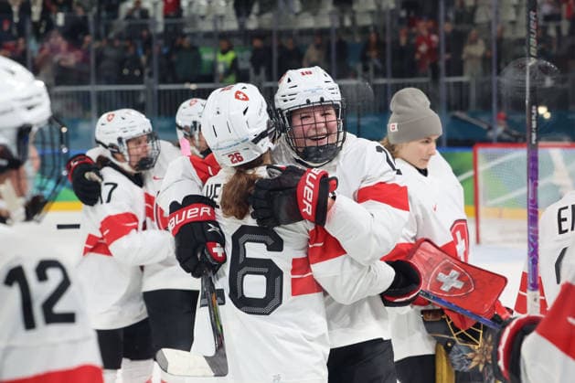 February 14, 2026, Milan, Lombardy, Italy: Stefanie Wetli 18 of Team Switzerland after beating Team Finland in a women s Ice hockey, Eishockey quarterfinal during the Milano Cortina 2026 Olympic Winter games, Winterspiele,Spiele, Summer games at Milano Rho Ice Hockey Arena. Olympics 2026: Milano Cortina: Ice Hockey-Women Quarterfinal - FIN-SUI  - ZUMAm117 20260214_oly_m117_038 Copyright: xDavidxMcIntyrex