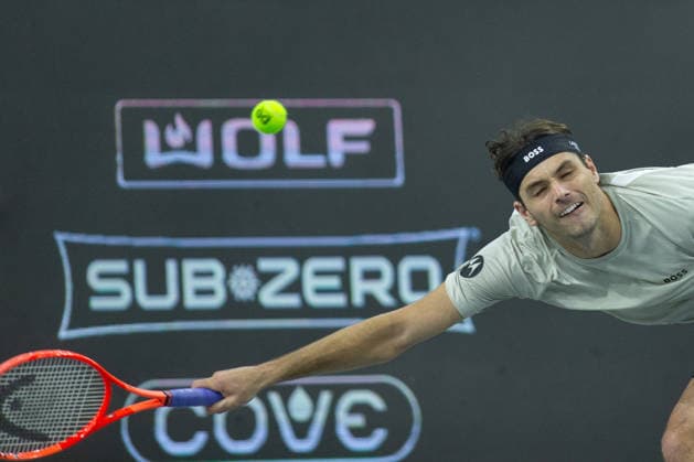 February 14, 2026, Frisco, Texas, USA: TAYLOR FRITZ (USA) dives during a menÃ¢â‚¬â ¢s singles semifinal match at the 2026 Nexo Dallas Open at The Ford Center at The Star in Frisco, Texas. Taylor Fritz advances to the championship match after defeating Marin Cilic, 7:6, 7:6. Tennis 2026: Dallas Open: Taylor Fritz 7:6, 7:6 Marin Cilic  - ZUMAh193 20260214_zsp_h193_061 Copyright: xDanielxMcGregor-Huyerx