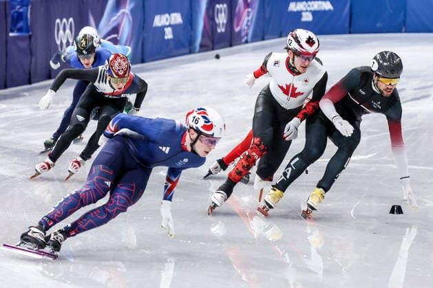 ITALY, MILAN - FEBRUARY 14, 2026: Niall Treacy of the UK, Felix Roussel of Canada and Roberts Kruzbergs (L-R front) of Latvia compete in the men s 1,500m short-track Speed skating, Eisschnelllauf semifinals during the 2026 Winter Olympic Games, Olympische Spiele, Olympia, OS at the Milano Ice Skating Arena 2026 Winter Olympics: Short-Track Speed Skating  - ZUMAt113 20260214_zaa_t113_424 Copyright: xPeterxKovalevx