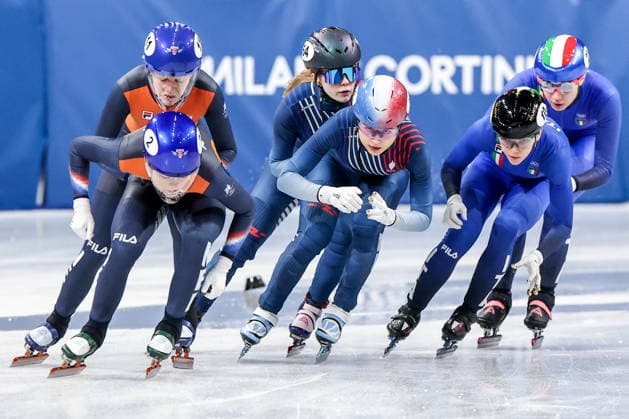 ITALY, MILAN - FEBRUARY 14, 2026: Xandra and Michelle Velzeboer of the Netherlands, Berenice Comby and Eva Grenouilloux of France, Elisa Confortola and Arianna Fontana (L-R front to back) of Italy compete in the women s 3,000m short-track Speed skating, Eisschnelllauf relay semifinals during the 2026 Winter Olympic Games, Olympische Spiele, Olympia, OS at the Milano Ice Skating Arena. Peter Kovalev TASS  88720599