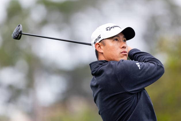 PEBBLE BEACH, CA - FEBRUARY 14: Collin Morikawa of the United States watches his tee shot on the first hole during the third round of the AT&T Pebble Beach Pro-Am 2026 on February 14, 2026 at Pebble Beach Golf Links in Pebble Beach, CA. (Photo by Matthew Huang Icon Sportswire) GOLF: FEB 14 PGA, Golf Herren AT&T Pebble Beach Pro-Am EDITORIAL USE ONLY Icon2602140063