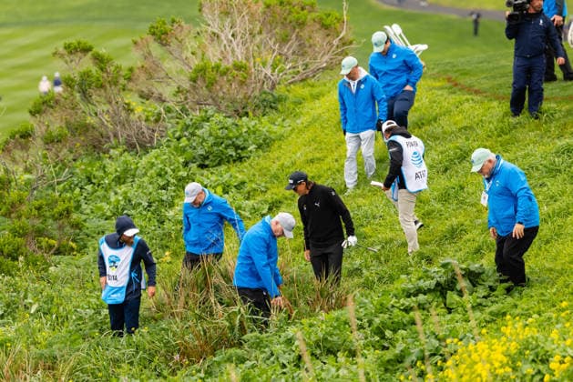 PEBBLE BEACH, CA - FEBRUARY 14: Rickie Fowler of the United States looks for his ball on the 6th hole during the third round of the AT&T Pebble Beach Pro-Am 2026 on February 14, 2026 at Pebble Beach Golf Links in Pebble Beach, CA. (Photo by Matthew Huang Icon Sportswire) GOLF: FEB 14 PGA, Golf Herren AT&T Pebble Beach Pro-Am EDITORIAL USE ONLY Icon2602140163