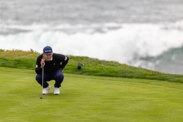 PEBBLE BEACH, CA - FEBRUARY 14: Ryo Hisatsune of Japan lines up his putt on the 7th hole during the third round of the AT&T Pebble Beach Pro-Am 2026 on February 14, 2026 at Pebble Beach Golf Links in Pebble Beach, CA. (Photo by Matthew Huang Icon Sportswire) GOLF: FEB 14 PGA, Golf Herren AT&T Pebble Beach Pro-Am EDITORIAL USE ONLY Icon2602140193