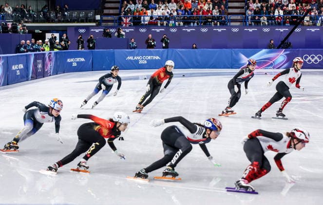 ITALY, MILAN - FEBRUARY 14, 2026: The women s 3,000m short-track Speed skating, Eisschnelllauf relay semifinals take place during the 2026 Winter Olympic Games, Olympische Spiele, Olympia, OS at the Milano Ice Skating Arena. Peter Kovalev TASS  88721000