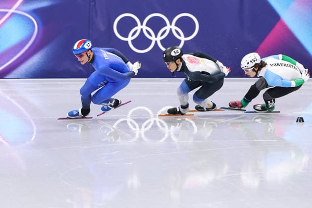 Winter Olympics - Short Track Speed skating, Eisschnelllauf Men 1500M SPECHENHAUSER Luca of Italy, SHIN Dong Min of Republic of Korea and EYBOG Daniil of Uzbekistan compete during the semifinal of the short track speed skating men s 1500m during the Milano Cortina 2026 Winter Olympic Games, Olympische Spiele, Olympia, OS at Milano Ice Skating Arena in Milan, Italy on February 14, 2026. Photo by Alexis Jumeau ABACAPRESS.COM Milan Italy  Copyright: xJumeauxAlexis ABACAx