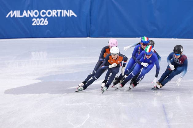 Winter Olympics - Team France At Short Track Speed skating, Eisschnelllauf Women 3000M Relay Athletes of Team Netherlands, Team Italy and Team France compete during the Short Track Speed Skating Women s 3000M Relay on day eight of the Milano Cortina 2026 Winter Olympics at Milano Speed Skating Stadium on February 14, 2026 in Milan, Italy. Photo by Alexis Jumeau ABACAPRESS.COM Milan Italy  Copyright: xJumeauxAlexis ABACAx