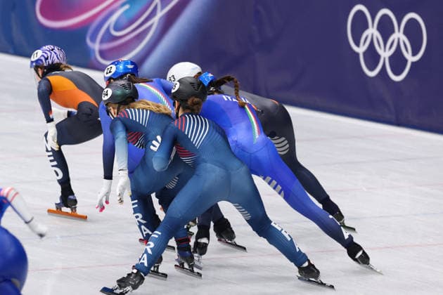 Winter Olympics - Team France At Short Track Speed skating, Eisschnelllauf Women 3000M Relay Athletes of Team France compete during the Short Track Speed Skating Women s 3000M Relay on day eight of the Milano Cortina 2026 Winter Olympics at Milano Speed Skating Stadium on February 14, 2026 in Milan, Italy. Photo by Alexis Jumeau ABACAPRESS.COM Milan Italy  Copyright: xJumeauxAlexis ABACAx
