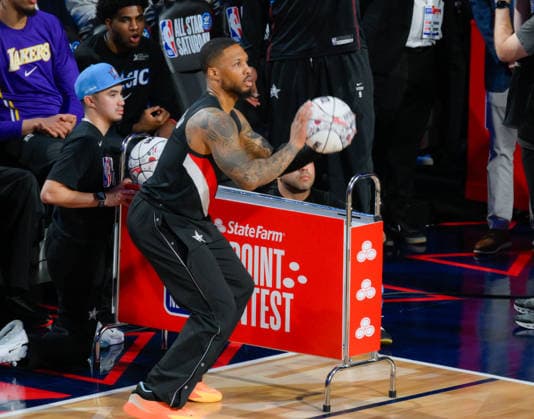 2026 NBA, Basketball Herren, USA All-Star - State Farm 3-Point Contest LOS ANGELES, CA - FEBRUARY 14: Damian Lillard (0) of the Portland Trail Blazers shoots a three point basket during the State Farm 3-Point Contest as part of the 2026 NBA All-Star Weekend on February 14, 2026 at Intuit Dome in Inglewood, California. Tayfun Coskun Anadolu California United States. Editorial use only. Please get in touch for any other usage.  Copyright: x2026xAnadoluxTayfunxCoskunx
