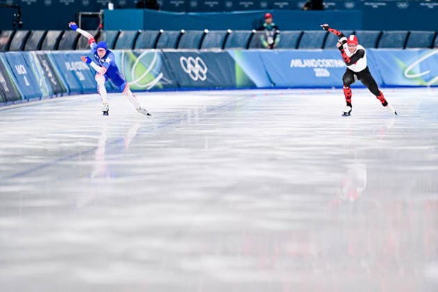 Laurent DUBREUIL (CAN) vs Cooper McLEOD (USA), during Speed skating, Eisschnelllauf Men s 500m, Speed Skating, at the Olympic Winter games, Winterspiele,Spiele, Summer games Milano Cortina 2026, at Milano Speed Skating Stadium, on February 14, 2026 in Milan, Italy. Noxthirdxpartyxsales  aflo_319874640