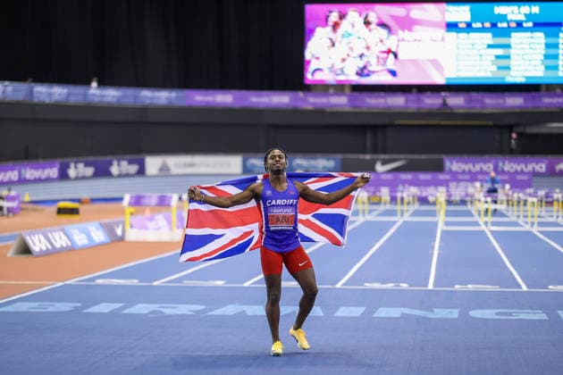 Novuna UK Athletics Indoor Championships Birmingham, 2026 Jeremiah Azu celebrates winning the Men s 60m Final during the Novuna UK Athletics Indoor Championships at the Utilita Arena in Birmingham, United Kingdom, on February 14, 2026. Birmingham West Midlands  Copyright: xMIxNewsx originalFilename:fletcher-novunauk260214_npndl.jpg