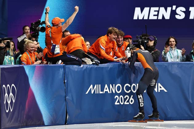 Jens van Twout, NED, after mens 1,500m final at 2026 short track Speed skating, Eisschnelllauf Olympic Games, Olympische Spiele, Olympia, OS in Milan; 14 02 2026 - *** Jens van Twout, NED, after mens 1,500m final at 2026 short track speed skating olympic games in Milan 14 02 2026 
