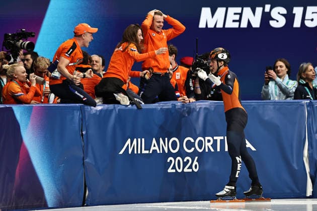 Jens van Twout, NED, after mens 1,500m final at 2026 short track Speed skating, Eisschnelllauf Olympic Games, Olympische Spiele, Olympia, OS in Milan; 14 02 2026 - *** Jens van Twout, NED, after mens 1,500m final at 2026 short track speed skating olympic games in Milan 14 02 2026 