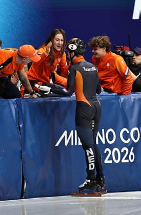 Jens van Twout, NED, after mens 1,500m final at 2026 short track Speed skating, Eisschnelllauf Olympic Games, Olympische Spiele, Olympia, OS in Milan; 14 02 2026 - *** Jens van Twout, NED, after mens 1,500m final at 2026 short track speed skating olympic games in Milan 14 02 2026 