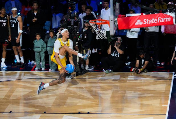 NBA, Basketball Herren, USA All Star 2026: Slum Dunk Contest LOS ANGELES, CA - FEB 14: Jaxson Hayes of LA Lakers competes for the Slum Dunk Contest during NBA All Star 2026 Saturday at Intuit Dome, Inglewood, Los Angeles, California, United States on February 14, 2026. Tayfun Coskun Anadolu California United States. Editorial use only. Please get in touch for any other usage.  Copyright: x2026xAnadoluxTayfunxCoskunx