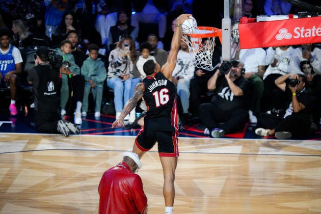NBA, Basketball Herren, USA All Star 2026: Slum Dunk Contest LOS ANGELES, CA - FEB 14: Keshad Johnson of Miami Heat won the Slum Dunk Contest during NBA All Star 2026 Saturday at Intuit Dome, Inglewood, Los Angeles, California, United States on February 14, 2026. Tayfun Coskun Anadolu California United States. Editorial use only. Please get in touch for any other usage.  Copyright: x2026xAnadoluxTayfunxCoskunx