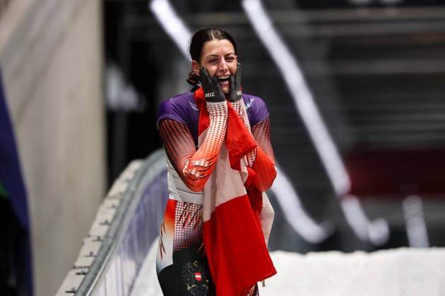 GIOCHI OLIMPICI - Olimpiadi Invernali Milano-Cortina 2026 - Skeleton Women Janine Flock (AUT) 1st place, Gold Medal during the Olympic Winter games, Winterspiele,Spiele, Summer games Milano-Cortina 2026, Skeleton Women on February 14, 2026 at Cortina Sliding Center in Cortina d Ampezzo, Italy Cortina D Ampezzo Italy  Copyright: xIPAxSport ABACAx