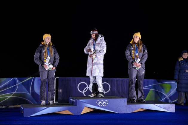 GIOCHI OLIMPICI - Olimpiadi Invernali Milano-Cortina 2026 - Skeleton Women The podium with Susanne Kreher (GER) 2nd place, Silver Medal, Janine Flock (AUT) 1st place, Gold Medal and Jacqueline Pfeifer (GER) 3rd place, Bronze Medal during the Olympic Winter games, Winterspiele,Spiele, Summer games Milano-Cortina 2026, Skeleton Women on February 14, 2026 at Cortina Sliding Center in Cortina d Ampezzo, Italy Cortina D Ampezzo Italy  Copyright: xIPAxSport ABACAx