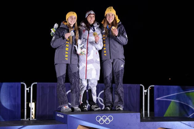 GIOCHI OLIMPICI - Olimpiadi Invernali Milano-Cortina 2026 - Skeleton Women The podium with Susanne Kreher (GER) 2nd place, Silver Medal, Janine Flock (AUT) 1st place, Gold Medal and Jacqueline Pfeifer (GER) 3rd place, Bronze Medal during the Olympic Winter games, Winterspiele,Spiele, Summer games Milano-Cortina 2026, Skeleton Women on February 14, 2026 at Cortina Sliding Center in Cortina d Ampezzo, Italy Cortina D Ampezzo Italy  Copyright: xIPAxSport ABACAx