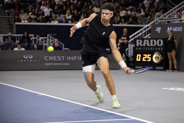 February 14, 2026, Frisco, Texas, USA: BEN SHELTON (USA) uses a forehand during a menÃ¢â‚¬â ¢s singles semifinal match at the 2026 Nexo Dallas Open at The Ford Center at The Star in Frisco, Texas. Ben Shelton advances to the championship match after defeating Denis Shapovalov, 4:6, 6:4, 7:6. Frisco USA - ZUMAh193 20260214_zsp_h193_075 Copyright: xDanielxMcGregor-Huyerx