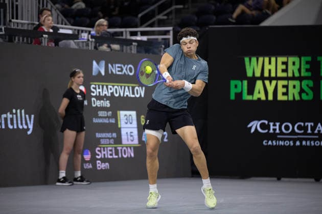 February 14, 2026, Frisco, Texas, USA: BEN SHELTON (USA) uses a forehand during a menÃ¢â‚¬â ¢s singles semifinal match at the 2026 Nexo Dallas Open at The Ford Center at The Star in Frisco, Texas. Ben Shelton advances to the championship match after defeating Denis Shapovalov, 4:6, 6:4, 7:6. Frisco USA - ZUMAh193 20260214_zsp_h193_094 Copyright: xDanielxMcGregor-Huyerx