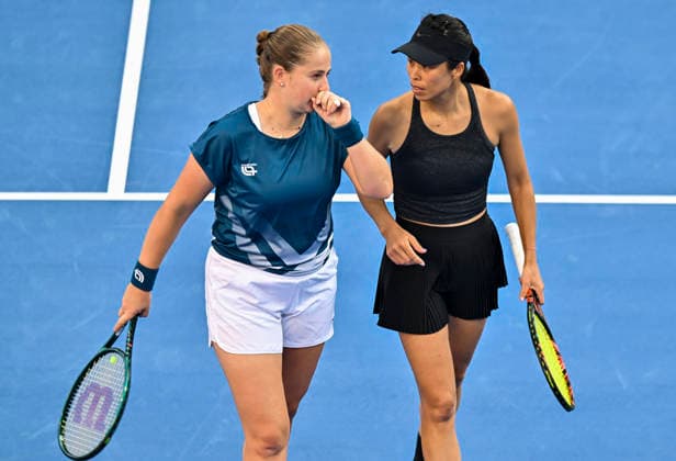 2026 Qatar TotalEnergies Open - Women s Doubles Final match in Doha, Qatar - 14 Feb 2026 Su-Wei Hsieh (R) of Chinese Taipei and Jelena Ostapenko (L) of Latvia celebrate a point against Anna Danilina of Kazakhstan and Aleksandra Krunic of Serbia (not in view) during their women’s doubles final match at the WTA, Tennis Damen Qatar TotalEnergies Open 2026 tennis tournament at the Khalifa International Tennis Complex. Anna Danilina Aleksandra Krunic won against Su-Wei Hsieh Jelena Ostapenko 0-6,6-4,10-8. Doha Qatar Copyright: xNoushadxVariyattiyakkalx xSOPAxImagesx NVRITYAKAL1-005
