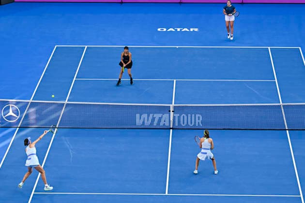 2026 Qatar TotalEnergies Open - Women s Doubles Final match in Doha, Qatar - 14 Feb 2026 Anna Danilina of Kazakhstan, Aleksandra Krunic of Serbia play against Su-Wei Hsieh of Chinese Taipei and Jelena Ostapenko of Latvia during their women’s doubles final match at the WTA, Tennis Damen Qatar TotalEnergies Open 2026 tennis tournament at the Khalifa International Tennis Complex. Anna Danilina Aleksandra Krunic won against Su-Wei Hsieh Jelena Ostapenko 0-6,6-4,10-8. Doha Qatar Copyright: xNoushadxVariyattiyakkalx xSOPAxImagesx NVRITYAKAL1-006