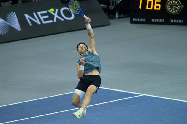 February 14, 2026, Frisco, Texas, USA: BEN SHELTON (USA) volleys during a menÃ¢â‚¬â ¢s singles semifinal match at the 2026 Nexo Dallas Open at The Ford Center at The Star in Frisco, Texas. Ben Shelton advances to the championship match after defeating Denis Shapovalov, 4:6, 6:4, 7:6. Frisco USA - ZUMAh193 20260214_zsp_h193_099 Copyright: xDanielxMcGregor-Huyerx