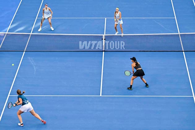 2026 Qatar TotalEnergies Open - Women s Doubles Final match in Doha, Qatar - 14 Feb 2026 Anna Danilina of Kazakhstan, Aleksandra Krunic of Serbia play against Su-Wei Hsieh of Chinese Taipei and Jelena Ostapenko of Latvia during their women’s doubles final match at the WTA, Tennis Damen Qatar TotalEnergies Open 2026 tennis tournament at the Khalifa International Tennis Complex. Anna Danilina Aleksandra Krunic won against Su-Wei Hsieh Jelena Ostapenko 0-6,6-4,10-8. Doha Qatar Copyright: xNoushadxVariyattiyakkalx xSOPAxImagesx NVRITYAKAL1-007