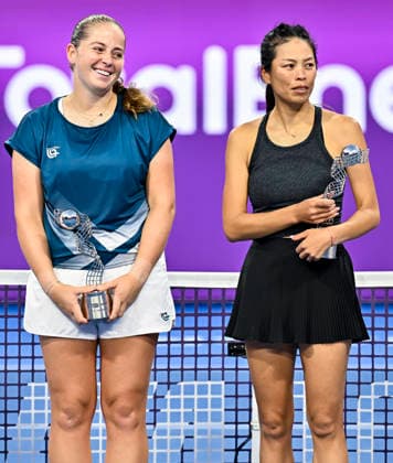2026 Qatar TotalEnergies Open - Women s Doubles Final match in Doha, Qatar - 14 Feb 2026 Runners-up Su-Wei Hsieh (R) of Chinese Taipei and Jelena Ostapenko ( L) of Latvia pose with their runners-up trophies after their women’s doubles final match against Anna Danilina of Kazakhstan and Aleksandra Krunic of Serbia at the WTA, Tennis Damen tournament at the Khalifa International Tennis Complex. Anna Danilina Aleksandra Krunic won against Su-Wei Hsieh Jelena Ostapenko 0-6,6-4,10-8. Doha Qatar Copyright: xNoushadxVariyattiyakkalx xSOPAxImagesx NVRITYAKAL1-013
