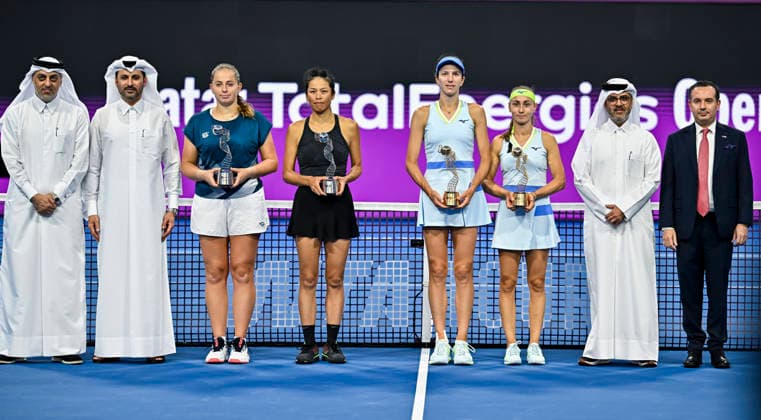 2026 Qatar TotalEnergies Open - Women s Doubles Final match in Doha, Qatar - 14 Feb 2026 Winners Anna Danilina of Kazakhstan and Aleksandra Krunic of Serbia, Runners-up, Su-Wei Hsieh of Chinese Taipei and Jelena Ostapenko of Latvia pose after the women’s doubles final match at the WTA, Tennis Damen Qatar TotalEnergies Open 2026 tennis tournament at the Khalifa International Tennis Complex. ?? Anna Danilina Aleksandra Krunic won against Su-Wei Hsieh Jelena Ostapenko 0-6,6-4,10-8. Doha Qatar Copyright: xNoushadxVariyattiyakkalx xSOPAxImagesx NVRITYAKAL1-015