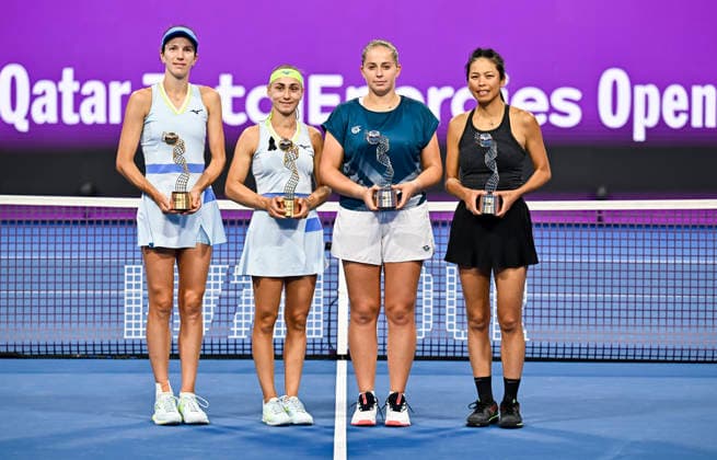 2026 Qatar TotalEnergies Open - Women s Doubles Final match in Doha, Qatar - 14 Feb 2026 Winners Anna Danilina (L) of Kazakhstan, Aleksandra Krunic (2nd L) of Serbia, Su-Wei Hsieh (R) of Chinese Taipei and Jelena Ostapenko (2nd R) of Latvia pose after the women’s doubles final match at the WTA, Tennis Damen Qatar TotalEnergies Open 2026 tennis tournament at the Khalifa International Tennis Complex. Anna Danilina Aleksandra Krunic won against Su-Wei Hsieh Jelena Ostapenko 0-6,6-4,10-8. Doha Qatar Copyright: xNoushadxVariyattiyakkalx xSOPAxImagesx NVRITYAKAL1-021