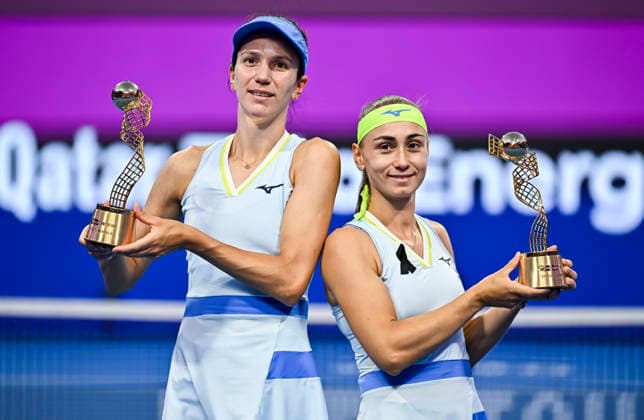 2026 Qatar TotalEnergies Open - Women s Doubles Final match in Doha, Qatar - 14 Feb 2026 Anna Danilina of Kazakhstan and Aleksandra Krunic of Serbia pose with their trophies after winning their Women s Doubles Final match against Su-Wei Hsieh of Chinese Taipei and Jelena Ostapenko of Latvia during the WTA, Tennis Damen Qatar TotalEnergies Open 2026 tennis tournament at the Khalifa International Tennis Complex. Anna Danilina Aleksandra Krunic won against Su-Wei Hsieh Jelena Ostapenko 0-6,6-4,10-8. Doha Qatar Copyright: xNoushadxVariyattiyakkalx xSOPAxImagesx NVRITYAKAL1-023