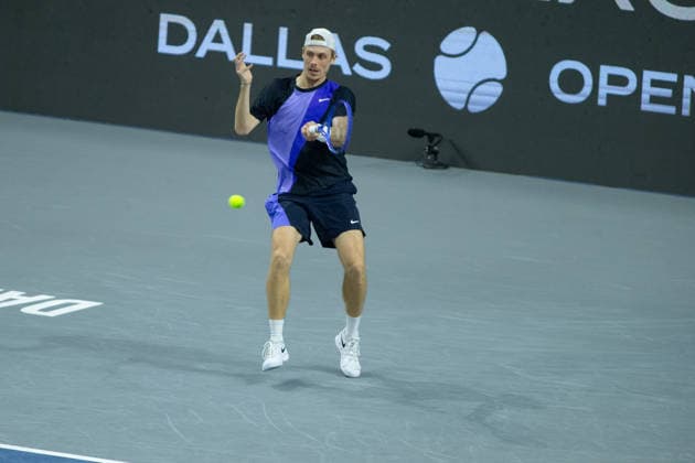 February 14, 2026, Frisco, Texas, USA: DENIS SHAPOVALOV (CAN) uses a forehand during a menÃ¢â‚¬â ¢s singles semifinal match at the 2026 Nexo Dallas Open at The Ford Center at The Star in Frisco, Texas. Ben Shelton advances to the championship match after defeating Denis Shapovalov, 4:6, 6:4, 7:6. Frisco USA - ZUMAh193 20260214_zsp_h193_100 Copyright: xDanielxMcGregor-Huyerx