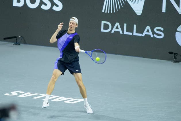 February 14, 2026, Frisco, Texas, USA: DENIS SHAPOVALOV (CAN) uses a forehand during a menÃ¢â‚¬â ¢s singles semifinal match at the 2026 Nexo Dallas Open at The Ford Center at The Star in Frisco, Texas. Ben Shelton advances to the championship match after defeating Denis Shapovalov, 4:6, 6:4, 7:6. Frisco USA - ZUMAh193 20260214_zsp_h193_110 Copyright: xDanielxMcGregor-Huyerx