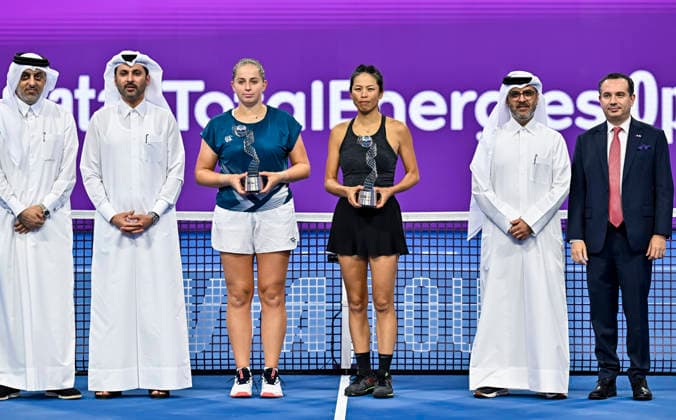 February 14, 2026, Doha, Qatar: Runners-up Su-Wei Hsieh (3rd R) of Chinese Taipei and Jelena Ostapenko (3rd L) of Latvia pose with their runners-up trophies after their women™s doubles final match against Anna Danilina of Kazakhstan and Aleksandra Krunic of Serbia at the WTA, Tennis Damen tournament at the Khalifa International Tennis Complex. Anna Danilina Aleksandra Krunic won against Su-Wei Hsieh Jelena Ostapenko 0-6,6-4,10-8. 2026 Qatar TotalEnergies Open - Women s Doubles Final Match In Doha, Qatar - 14 Feb 2026  - ZUMAs197 20260214_aaa_s197_245 Copyright: xNoushadxVariyattiyakkalx